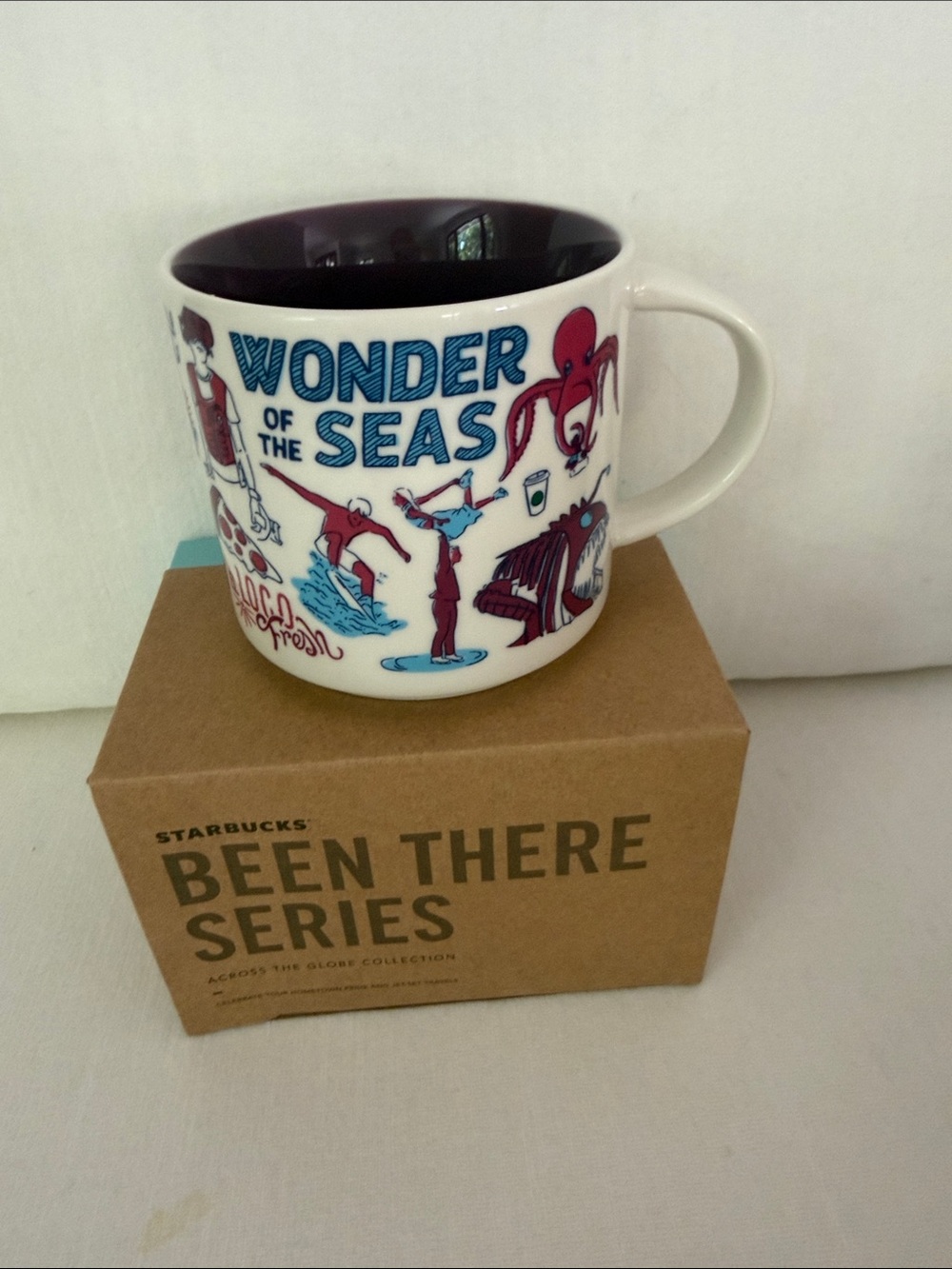 Starbucks Wonder of the Seas White and Blue Ceramic Mug with Red Accents